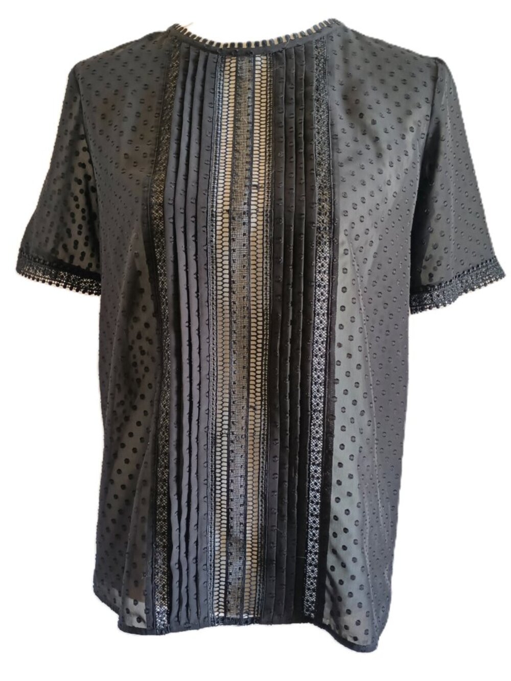 Ann Taylor Women’s Black Lace Swiss Polka Dot Stripes Semi-Sheer XS Blouse